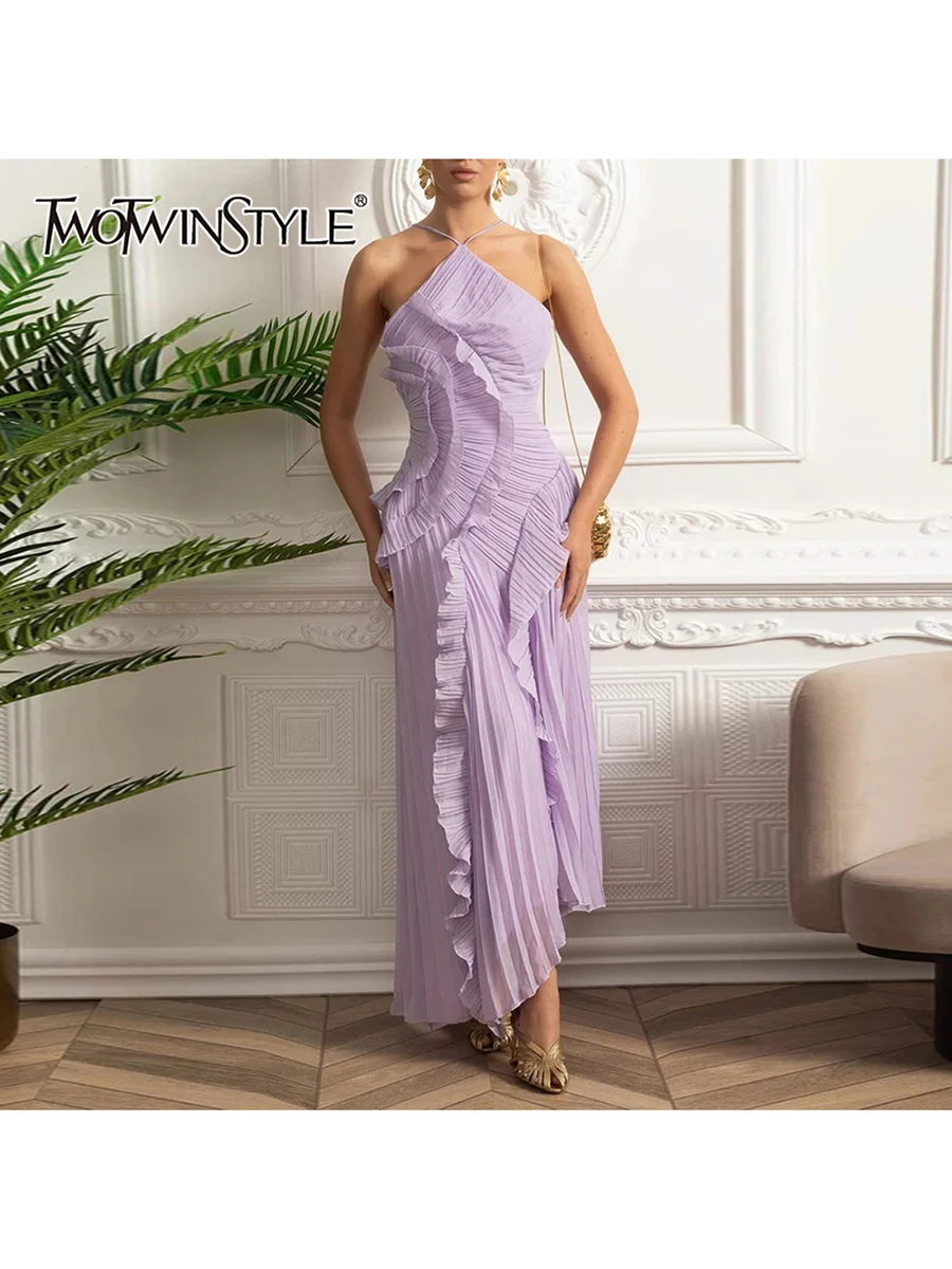 

TWOTWINSTYLE однотонные элегантные платья с оборками и складками для женщин, нерегулярное длинное платье без рукавов с лямкой на шее, с высокой талией, женское новое