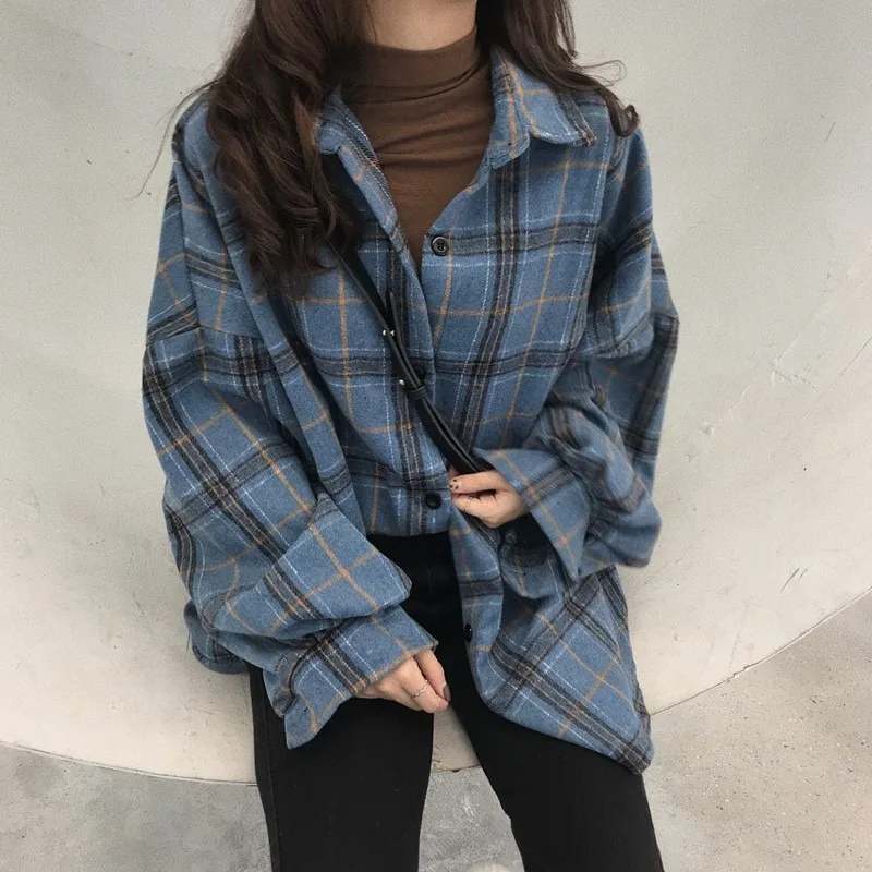 2024 autumn trend loose port Wool Plaid coat frosted shirt women\'s design top Long sleeved Leisure Versatile Lapel collar BUYA