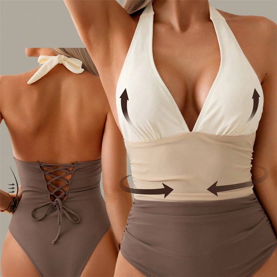 S - XL, V-Ausschnitt, rückenfreier Neckholder-Badeanzug für Damen, einteiliger Badeanzug, Monokini, gepolsterter Badeanzug, Badebekleidung, Badeanzug V7559 – Detail 4