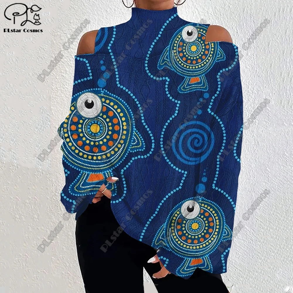 3D Printing Retro Aboriginal Series Tribal Turtle Art Pattern Women's Lantern Sleeve Off Shoulder Textured Casual Long Sleeve F1