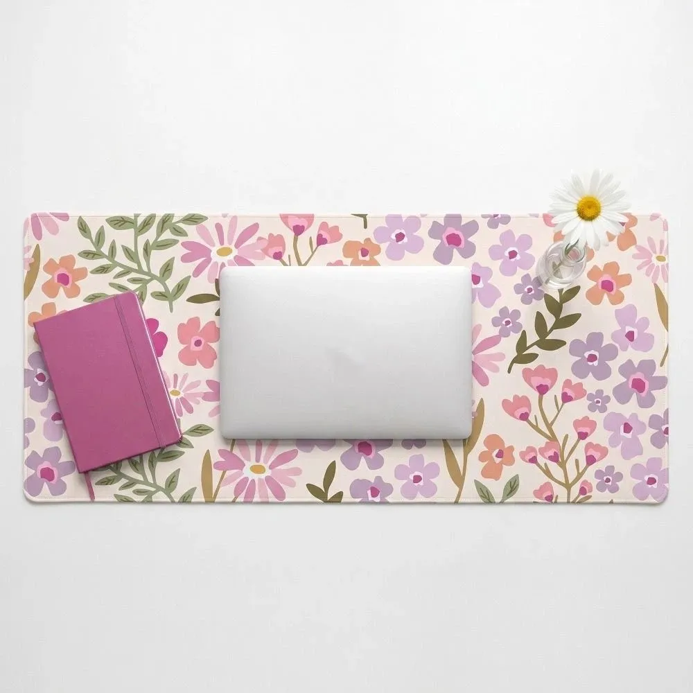 Sturdy Large Floral Desk Pad Rubber Base Non-Slip Mouse Pad Stitched Edge Flower Pattern Computer Mat Office