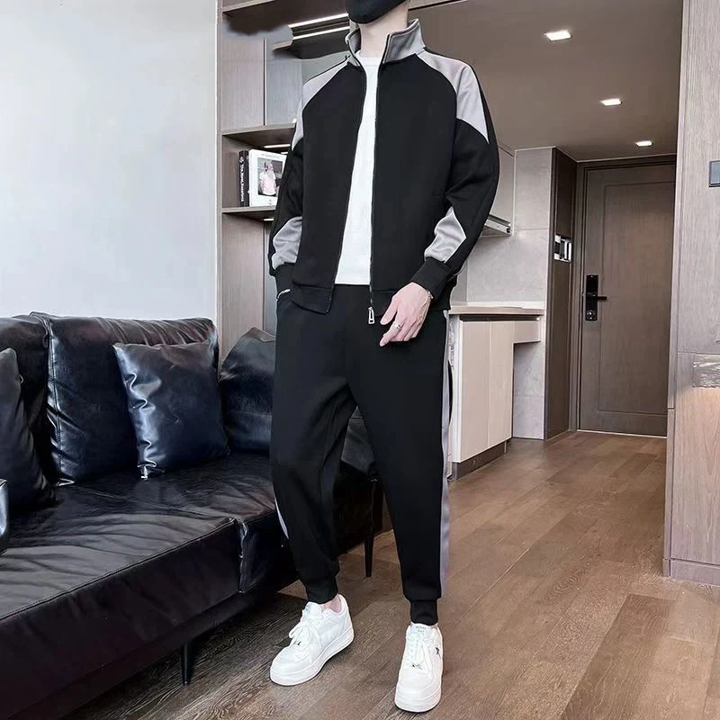 Men Spring Autumn Trendy Casual Two Piece Set Color Block Zip Up Jacket Jogger Pants for Daily Wear