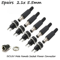 10 Pieces DC 12V Connector Power Plug Male Female Jacks Socket Nut Panel Mount DC Power Adapter Connector 5.5x2.1x9mm