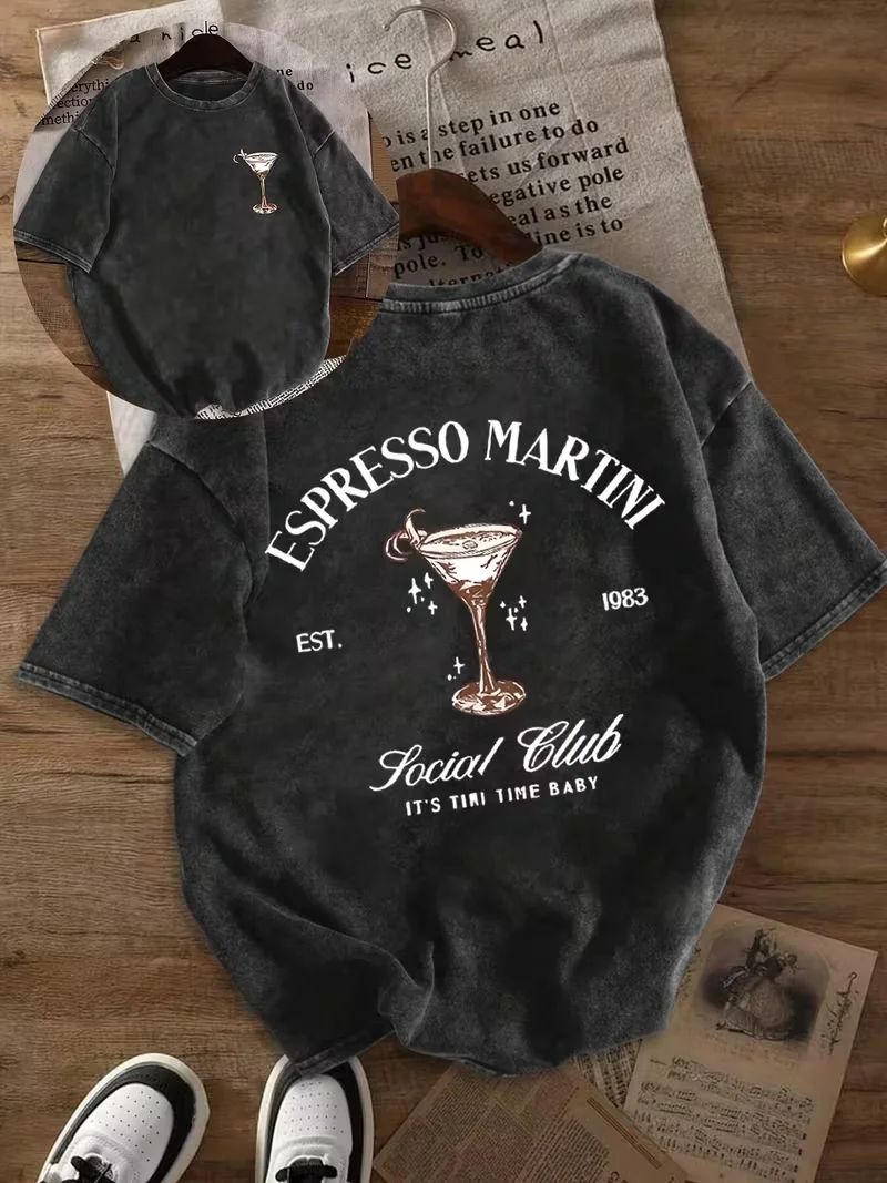 Vintage Casual Daily Washed T-Shirt Top for Women Summer Social Gatherings, Graphic Print, Round Neck, and Short Sleeves