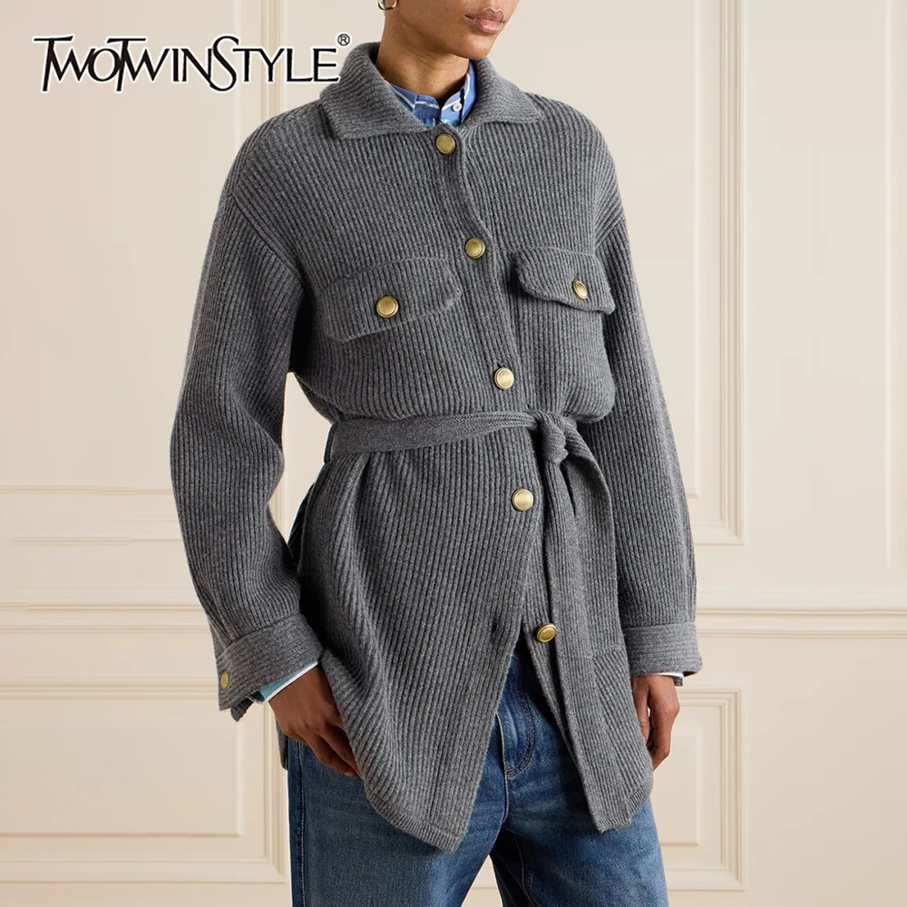 

TWOTWINSTYLE Gray Spliced Pocket Basics Jacket Female Lapel Long Sleeve Loose Streetwear Women's Jackets Autumn Style Fashion