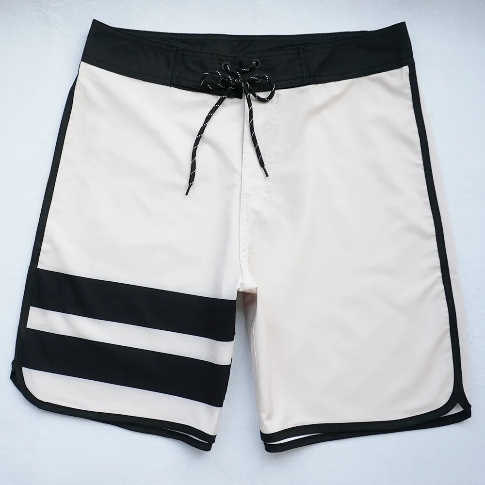 Hot Sale White Two Line Men's High Elastance Surfing Competition Boardshort Quick-drying Bermuda Beach Shorts Swim Trunks