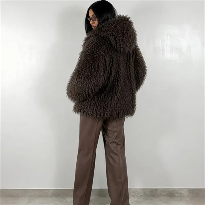 Faux Mongolia Sheep Fur Coats for Women,Hooded Jackets,Adjustable Waist Overcoat,Female Clothes,Thicken Warm,New ,Winter,2026