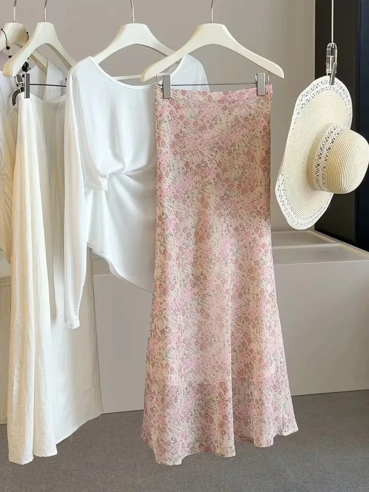 Women's Skirts Floral Print 2026 Summer Elegant Fashion A-line Slimming Casual High Waist  Bodycon Long Skirt