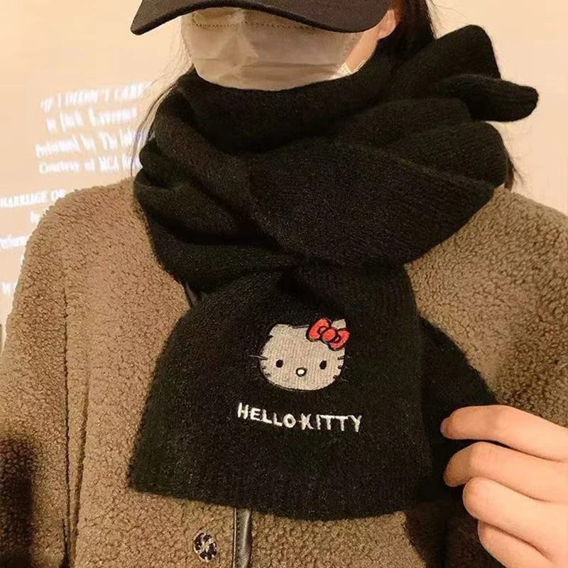 サンリオ ハローキティ ニットウールスカーフ 冬用 女性用 厚手 暖かい 日本製ウールスカーフ ウールスカーフ付き