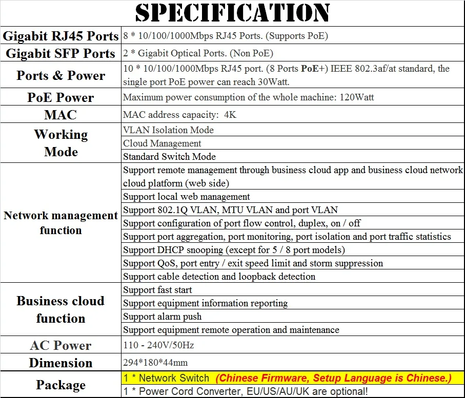 10 Ports Network Management VLAN Switch, 8 Gigabit 802.3af/at PoE+ Ports, 2 1000M Uplink SFP Optical Ports,