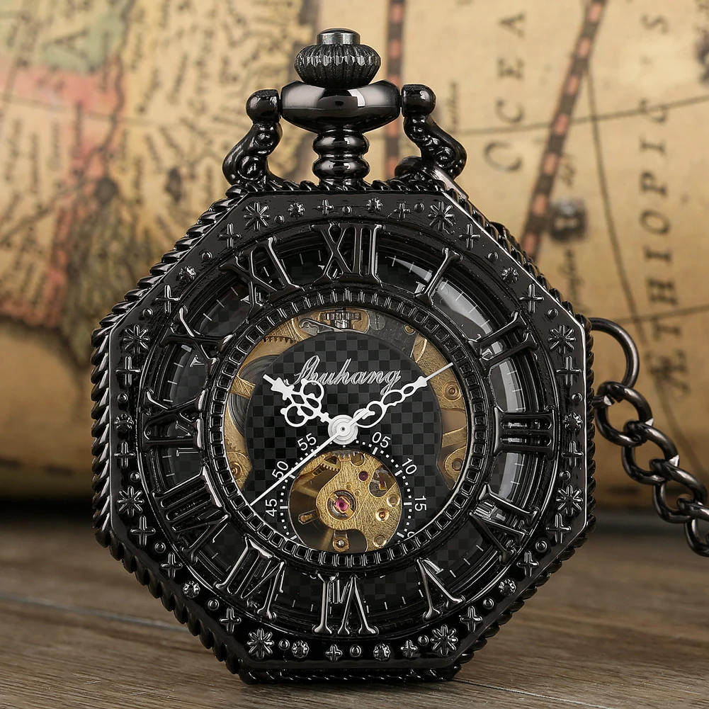 

Retro Black Roman Numerals Hollow Out Mechanical Hand-Winding Pocket Watch 30 cm Pocket Chain Pendant Antique Timepiece Gift