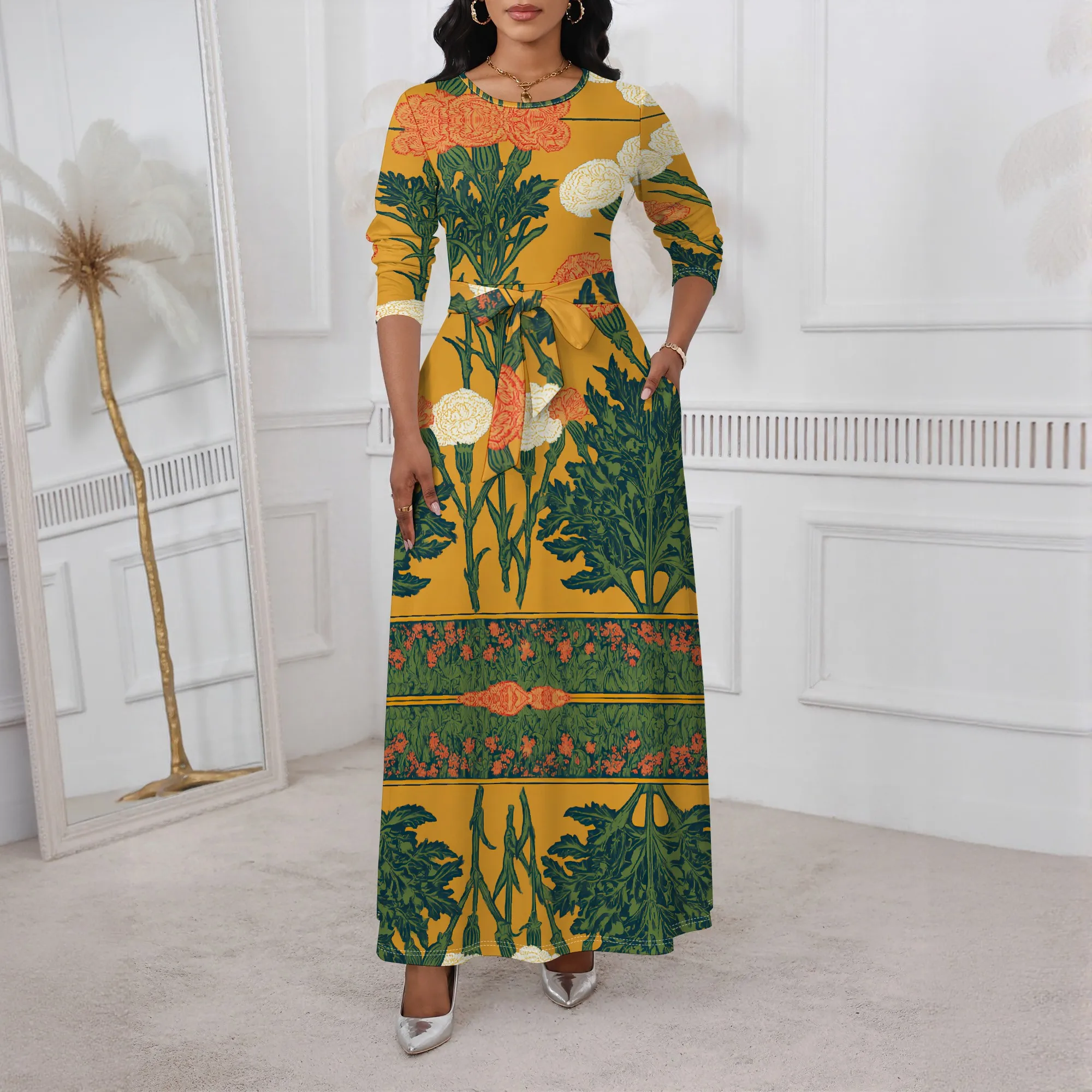 

Marigold Floral Maxi Dress XS-3XL Long Sleeve Belted Style for Mother’s Day, Easter Ceremony or Cultural Spring Festival Look