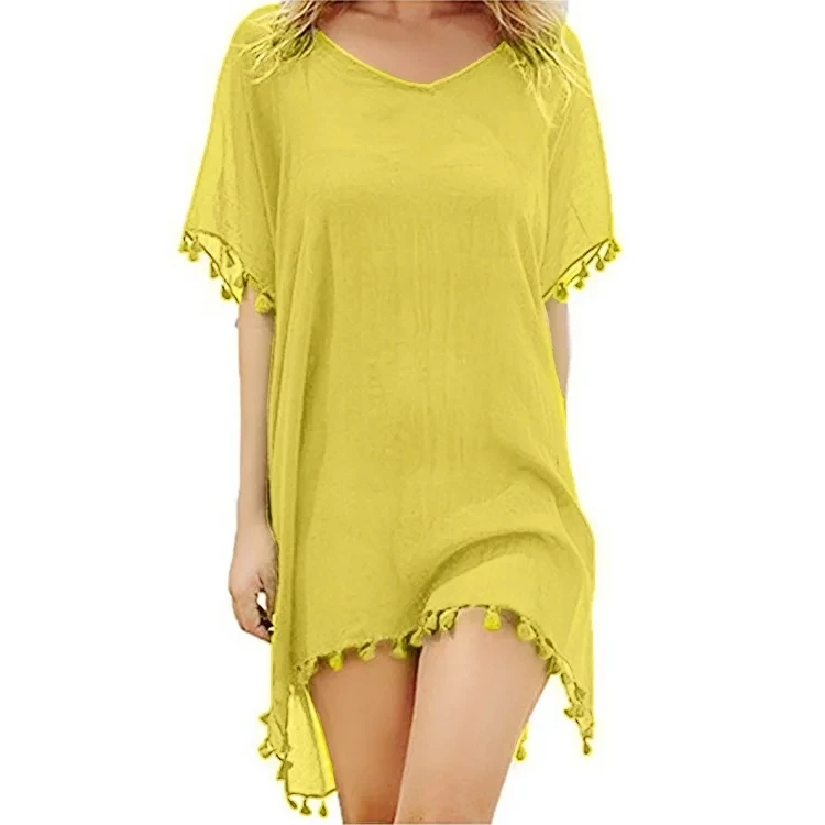 Spring Summer Women's Seaside Holiday Sunscreen Clothes Tassel Chiffon Beach Wear Blouse Fashion Lady Thin Top Yellow Shawl