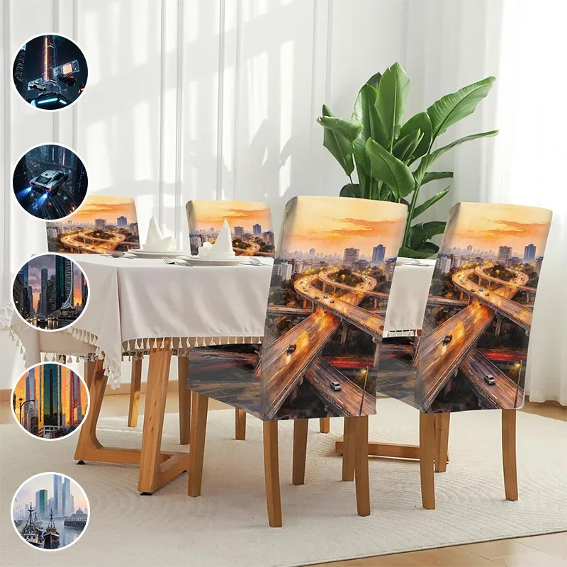 Elastic dining chair cover, urban style pattern, removable and washable household dining chair cover, easy to install