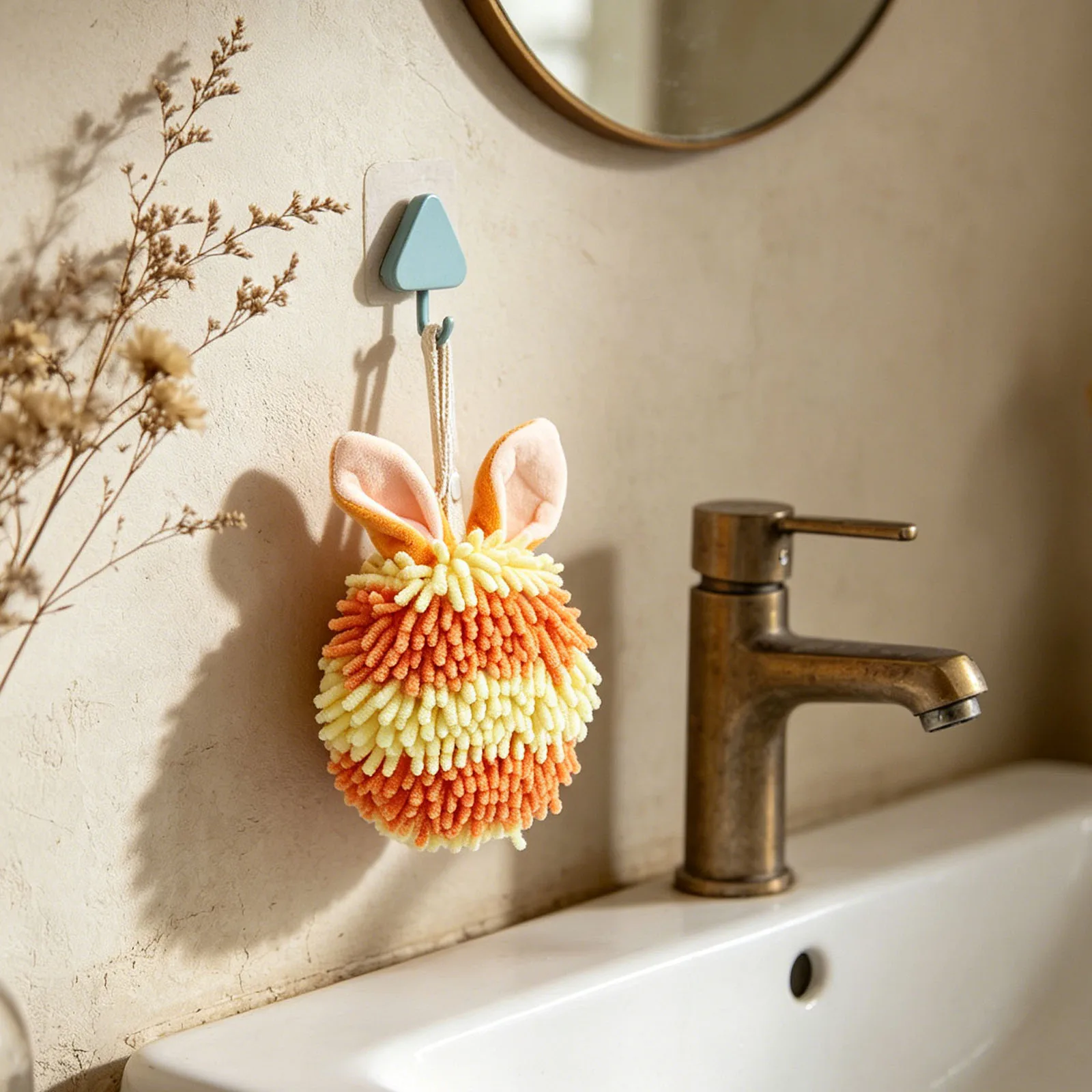 Cute Rabbit Fuzzy Ball Hand Towel Super Absorbent Trendy Kitchen Towels Quick-Dry Built-in Lanyard for Bathroom Kitchen Spa
