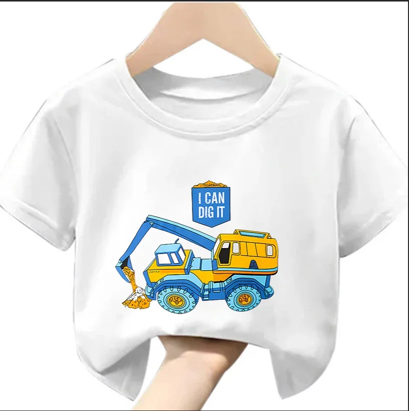 Children's Cartoon Car Short Sleeve T-shirt Excavation Car Printed Top Baby Clothes Children's Fashion Girls Boys Clothes