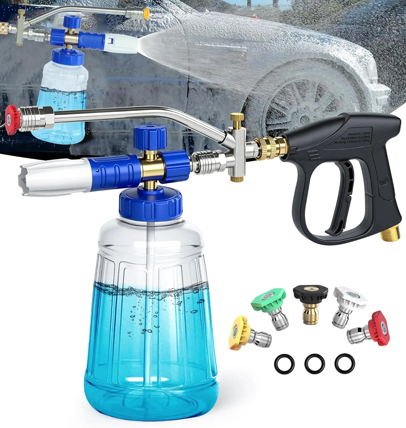 

Dual Spray Foam Cannon, 4350 PSI High-Pressure Washer Gun with 1/4' Quick Connect & 5 Nozzles for Car Wash