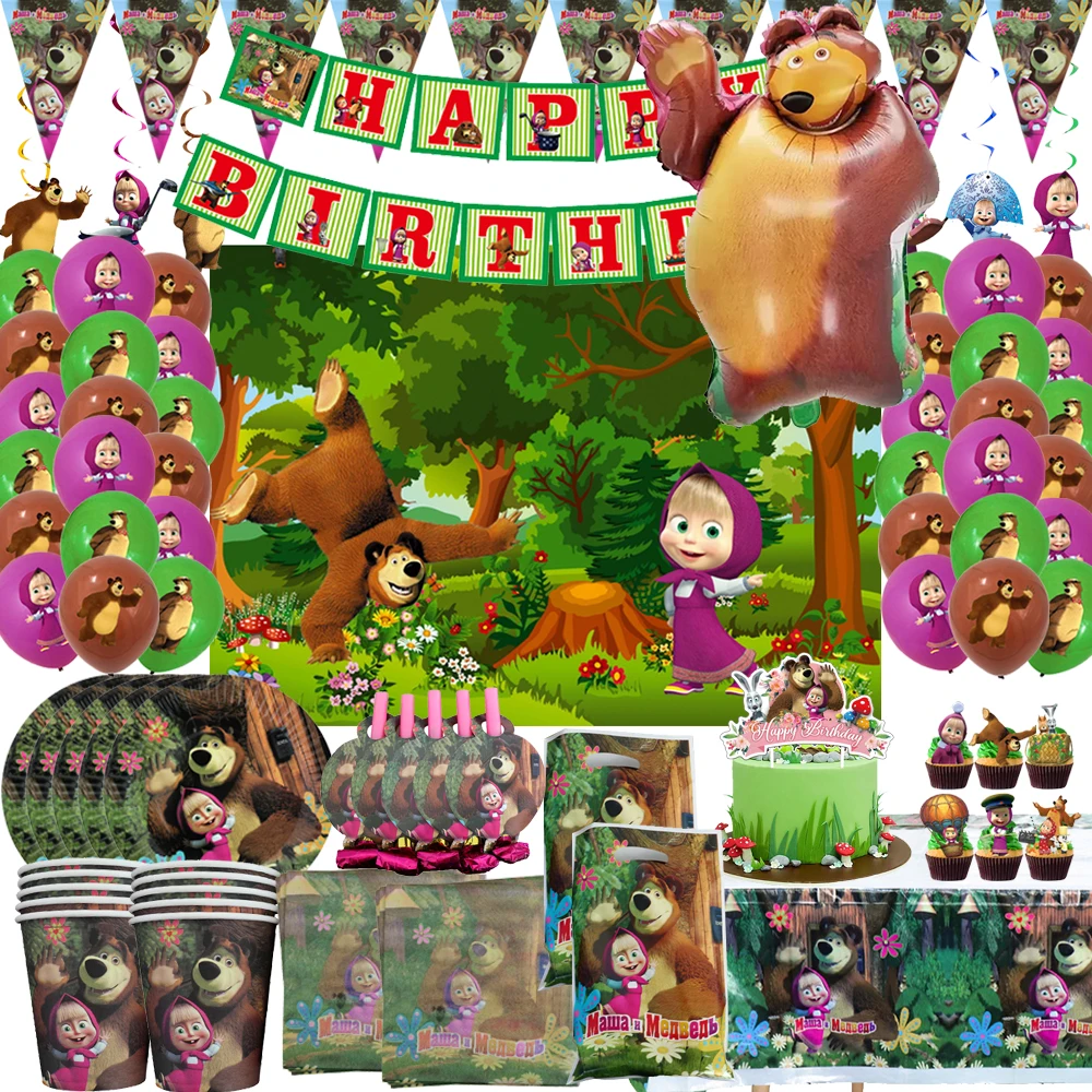 Decoraciones para Fiesta de Cumpleaños de Masha y el Oso, Globos de Masha para Niñas, Platos, Juego de Vajilla para Baby Shower, Regalos para Niños