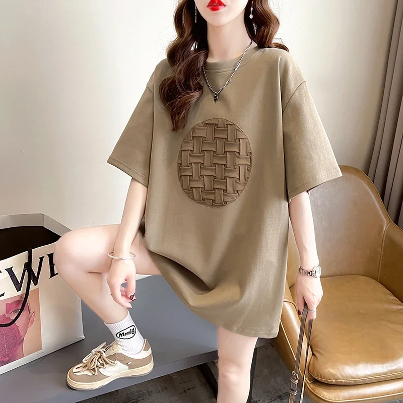 

Cotton Design Short-sleeved T-shirt Women's Summer Top 2023 Mid-length O Neck Graphic Tees Women Streetwear Top