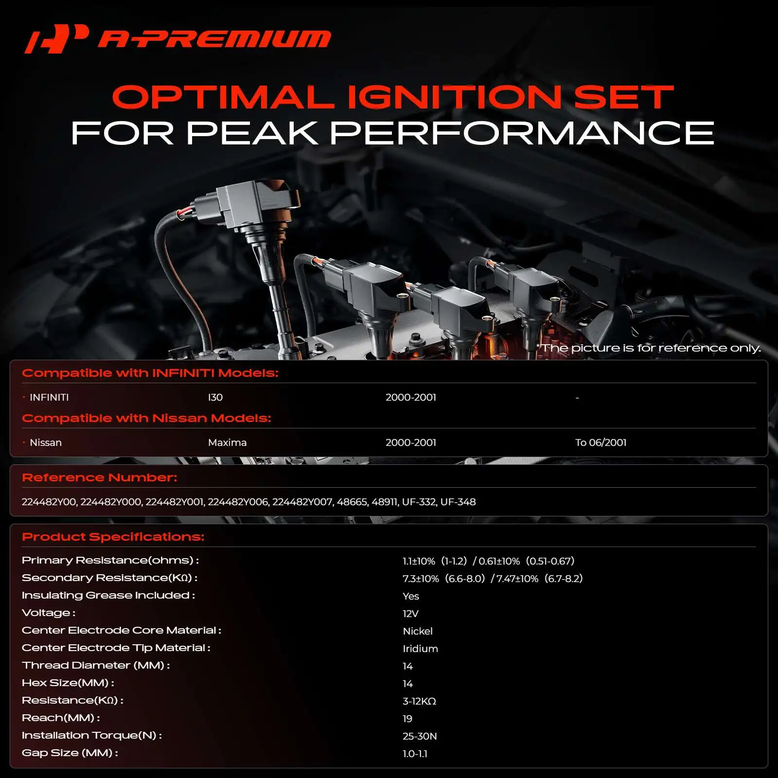 A-Premium 6x Ignition Coils & 6x Iridium Spark Plug Kit for Nissan Maxima 2000 2001 V6 3.0L