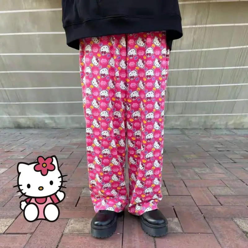 Kawaii Sanrios Hello Kittys Pants Women's Spring Autumn Loose Casual Long Pants Cartoon Kt Printed Pajamas Pants Girls Trousers