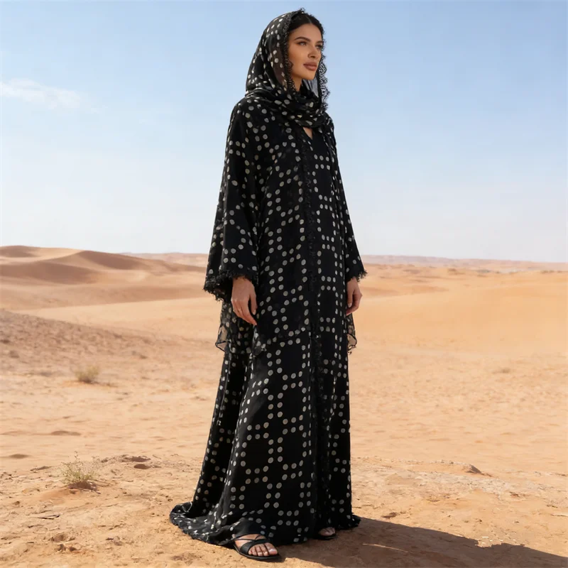 

Скромный мусульманский комплект с хиджабом: женское платье, кардиган в горошек, открытая абайя, турецкий кафтан, кебайя, марокканский кафтан, джалабия