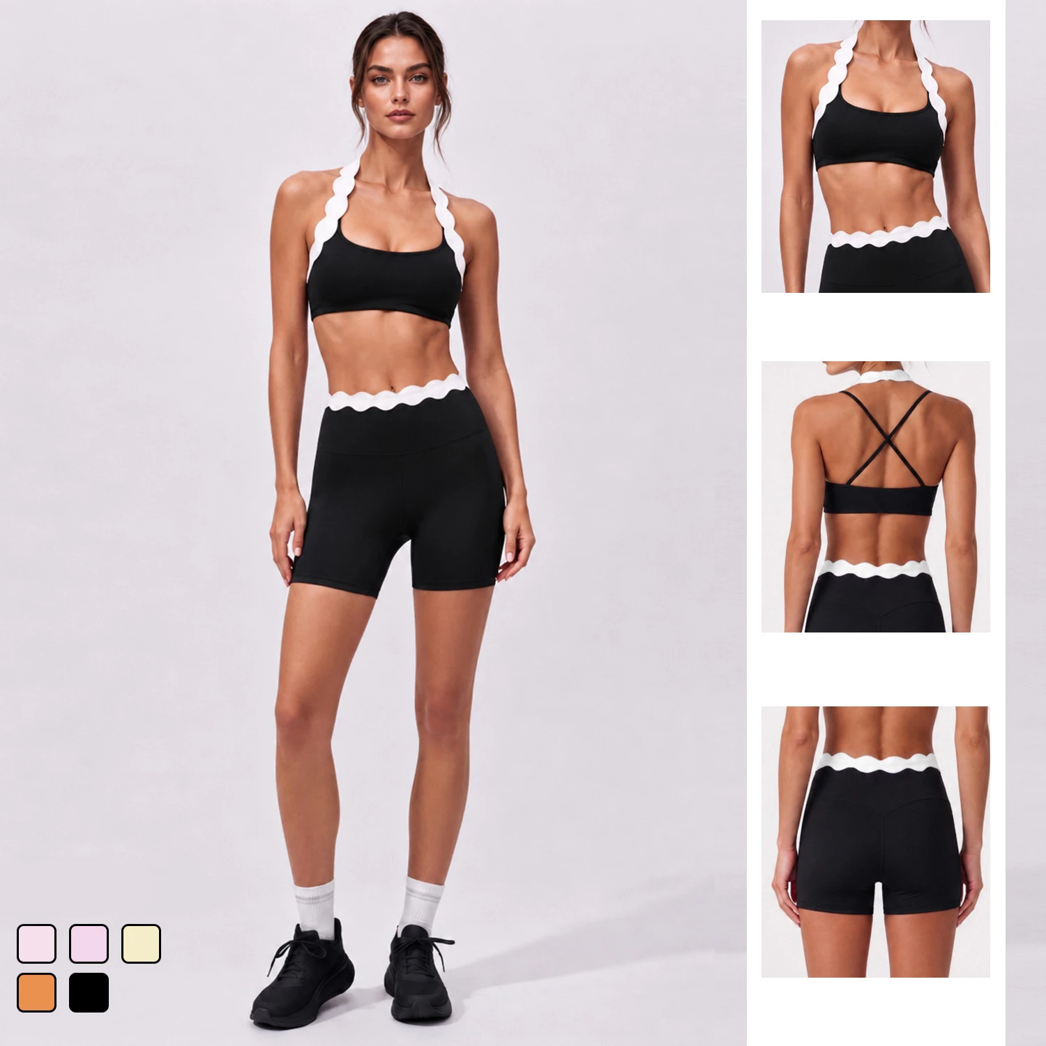 Women's Yoga Outfit Color-Block Shell Lace Halter Neck Tank Top Tight-Fitting Sports Two-Piece Set Fitness Workout Clothes