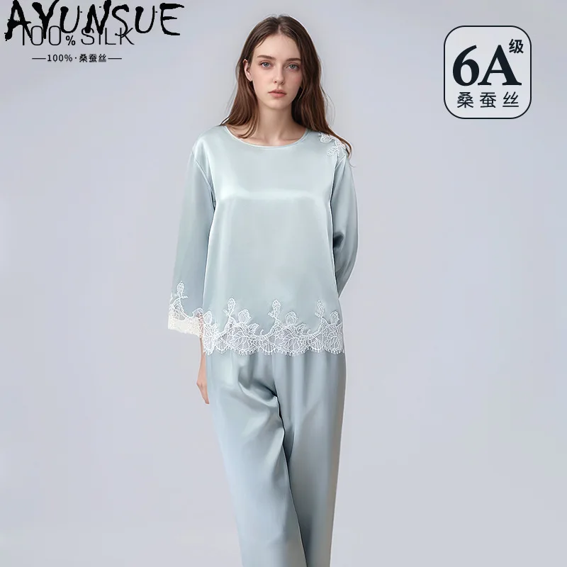 AYUNSUE 100% Silk Pajama Sets Woman Casual O-neck Pajamas for Women Solid Color Womens Matching Sets High Quality Пижама Женская