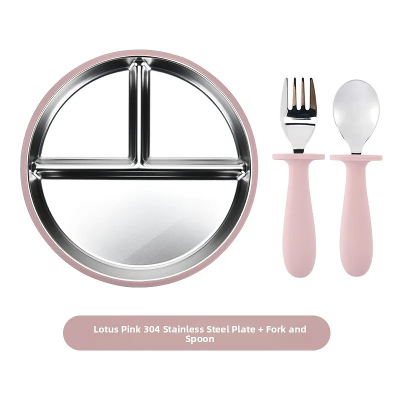 stainless-steel-children's-meal-plate-silicone-anti-fall-suction-cup-set-baby-fork-spoon-dining-utensils-dishwasher-safe