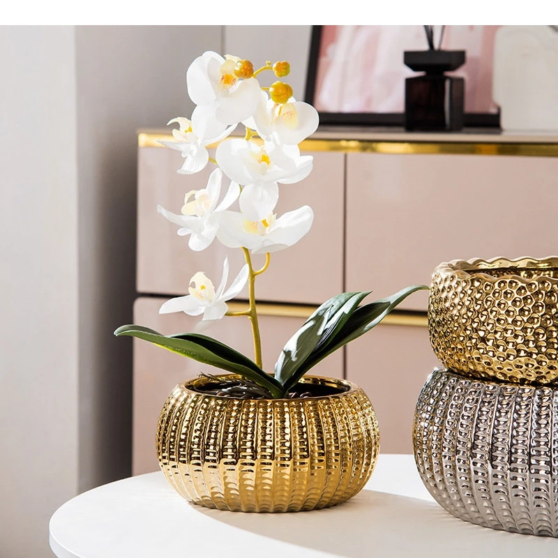 Electroplated Ceramic Flowerpot Irregular Texture Horticultural Green Plant Home Decor Accessories