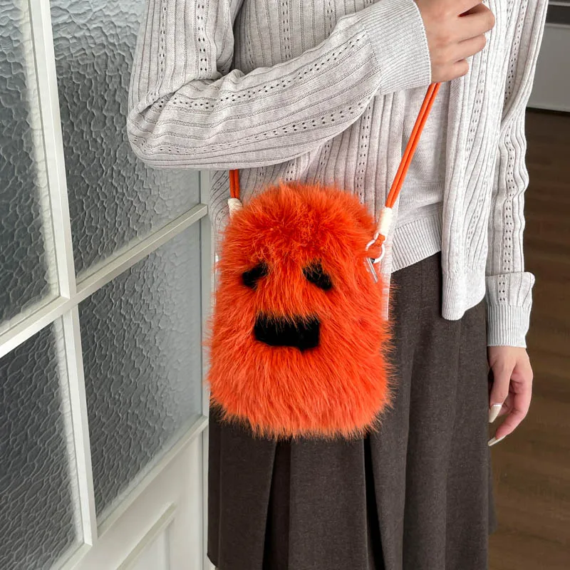 Mini Small Crossbody Bag Designer Cartoon Phone Bag Lightweight Fashion Plush Shoulder Bag Ladies Travel Purse Orange Handbag