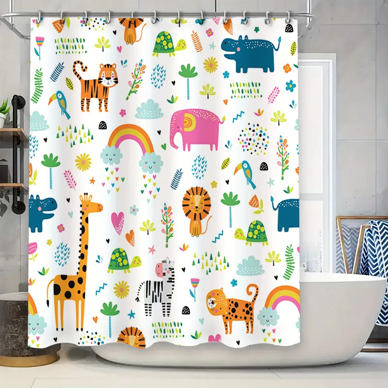 

Занавеска для душа с животным принтом, милый мультяшный дизайн с животными для детей, декор для ванной комнаты, набор водонепроницаемых ковриков для ванной с 3D принтом и крючками (