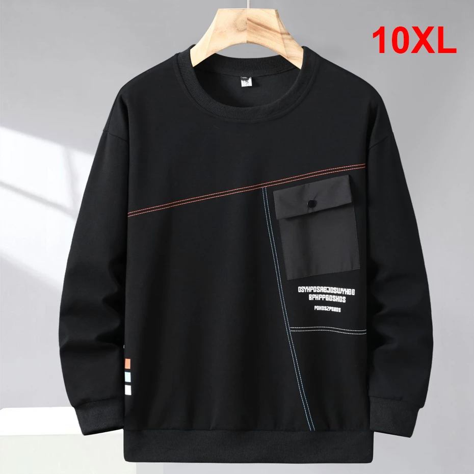 

10XL Plus Size Sweatshirt Men Pocket Patchwork Pullover Spring Autumn O-neck Sweatshirts Male Fashion Causal Pullover Black