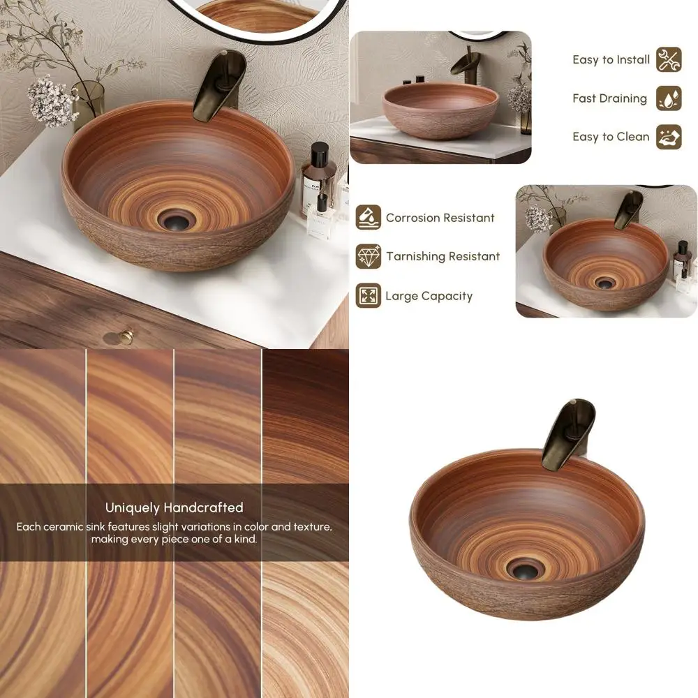 

15.7 Elegant Round Ceramic Bathroom Sink, Vintage Style Countertop Basin without Overflow