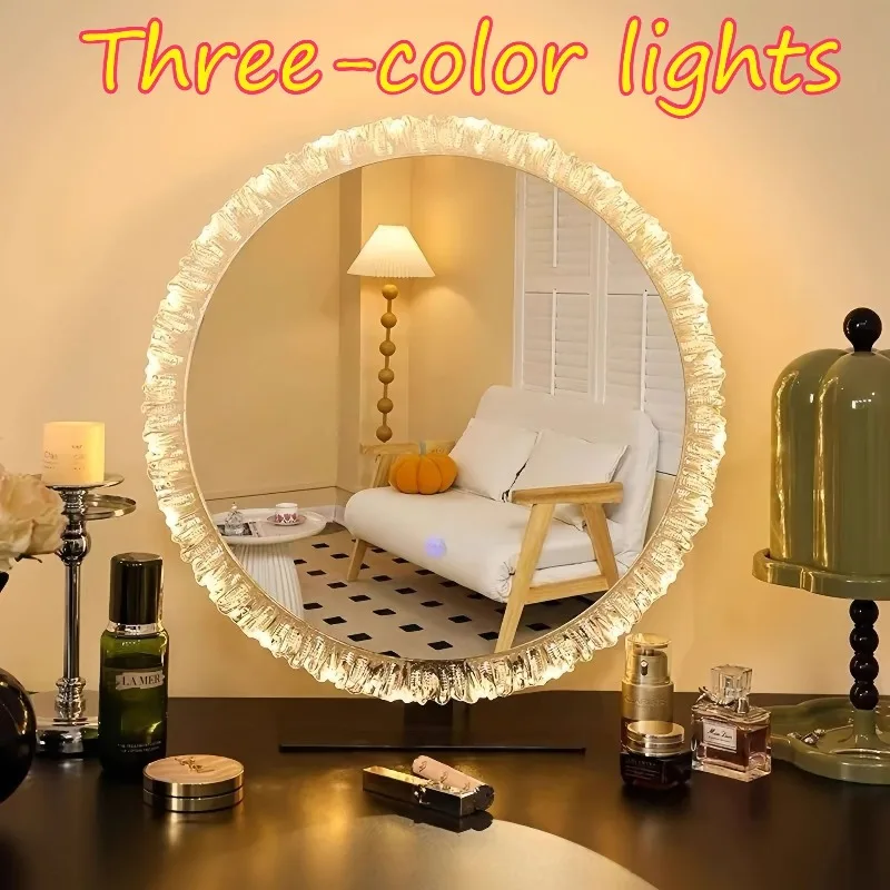 Round LED Makeup Mirror Ruffled Lace Frame Three Color Light Rechargeable HD Clear Makeup Mirrors Nordic Luxury Skin Care Tool