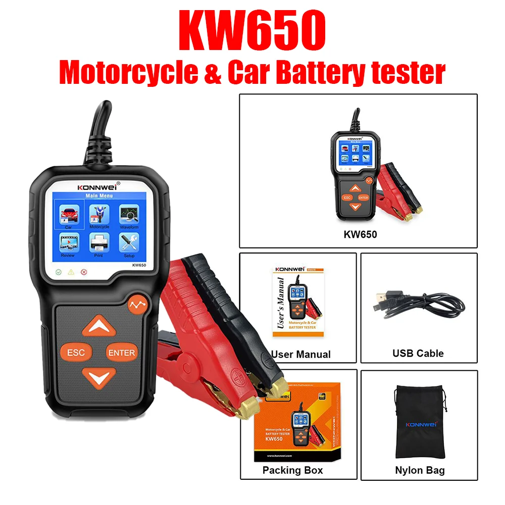 Тестер автомобильных и мотоциклетных аккумуляторов KONNWEI KW650 для 6V/12V, анализатор 100-2000 CCA, тестер быстрого запуска и зарядки, инструмент для проверки аккумуляторов.