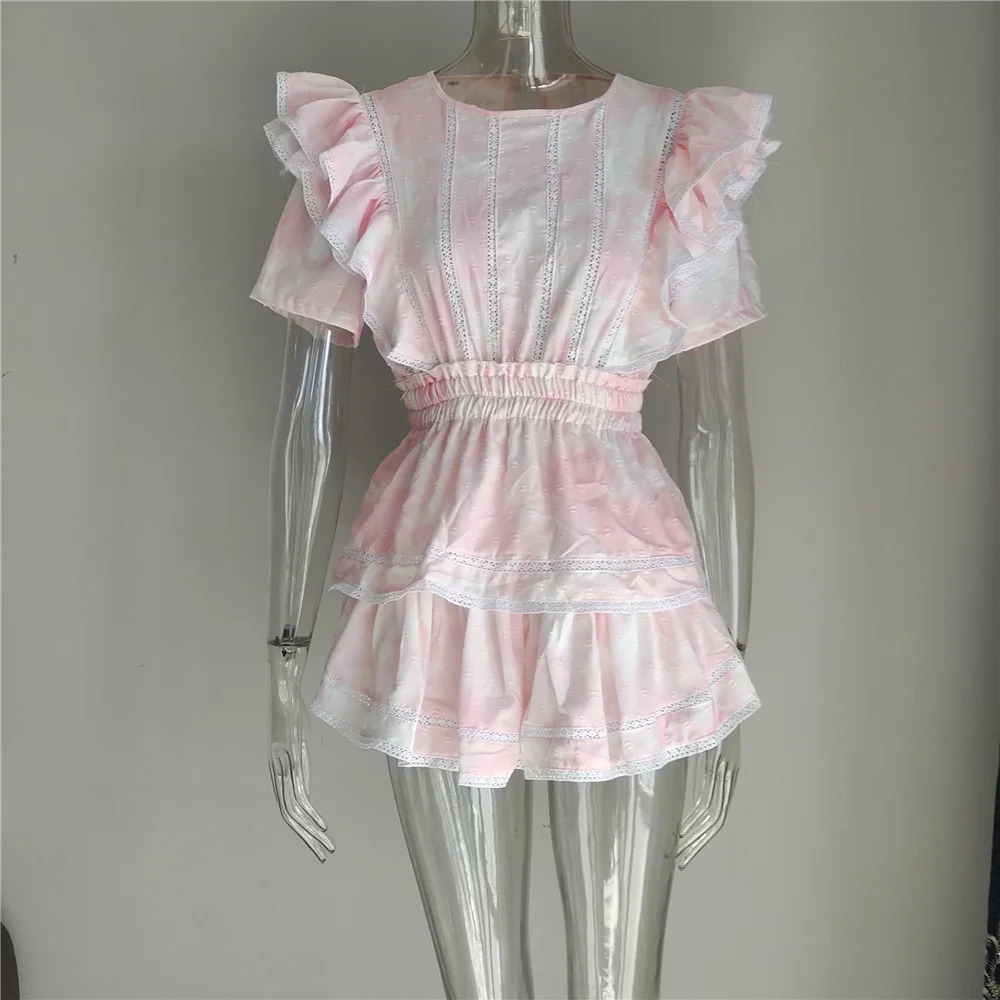 2022 Summer Short Sleeve Vocation Women White Mini Dress Holiday Lace Ruffled Dress Pink