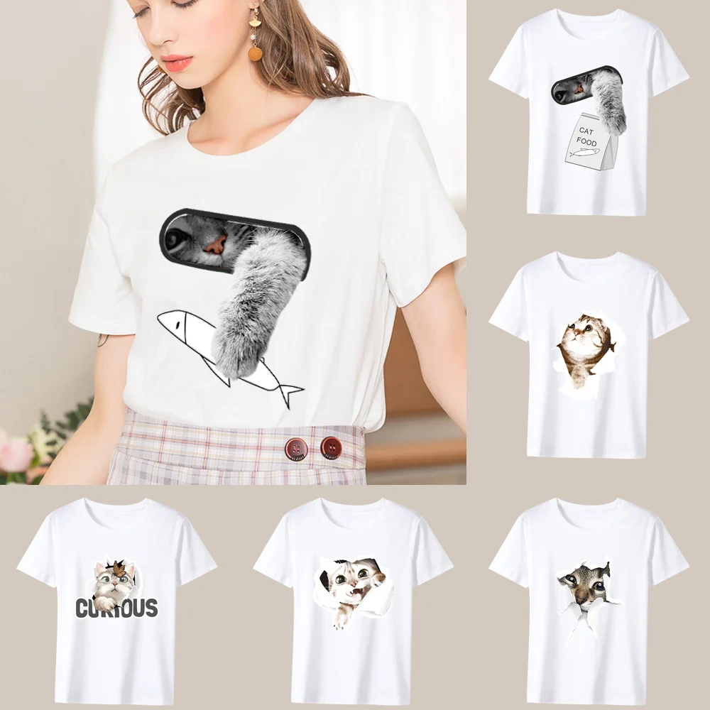 

Women's Short Sleeves Loose Summer Tshirt White Commuter Comfortable Cat Pattern Series Round Neck Commuter Top