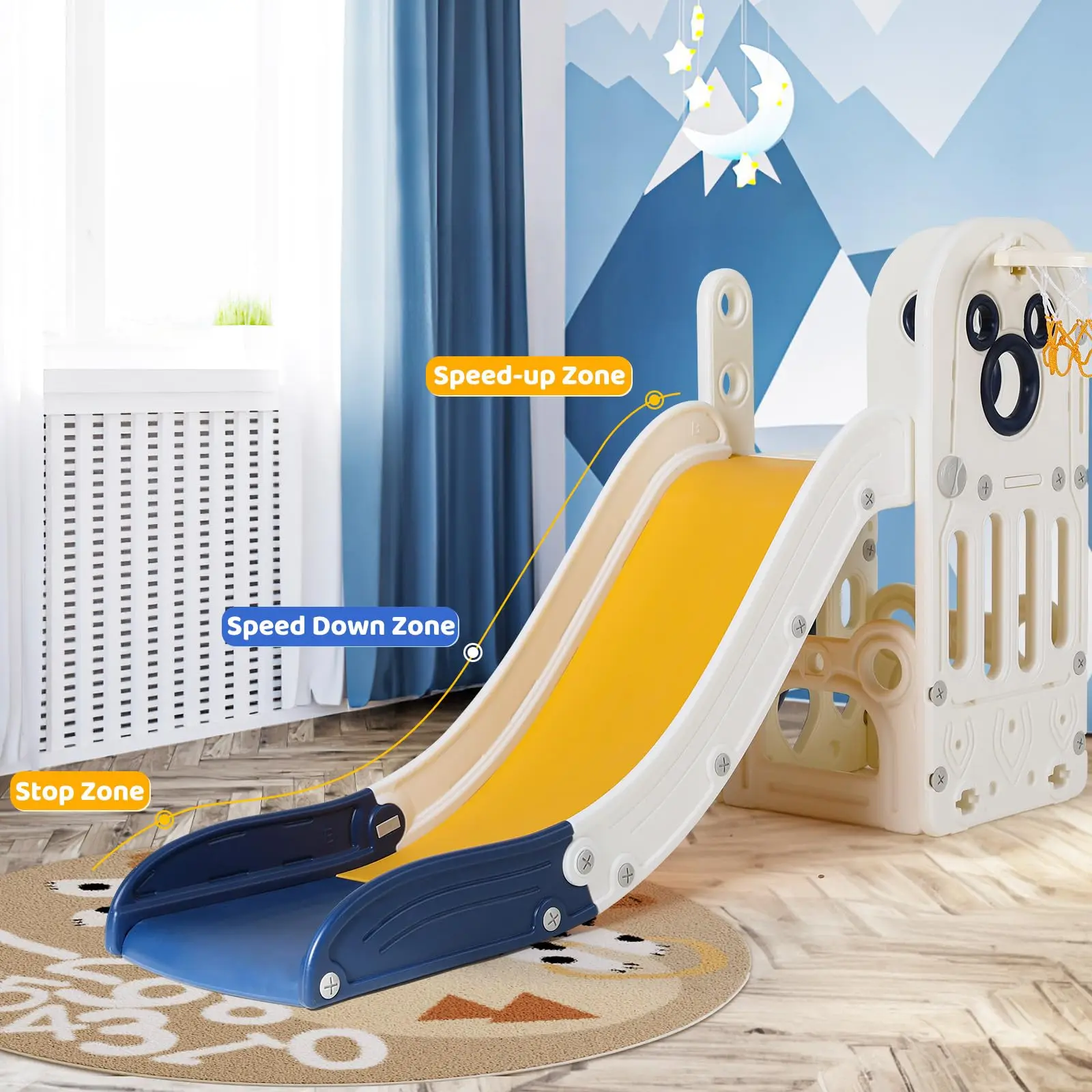 6 in 1 Toddler Slide Playset, Sturdy L-Shaped Climber with Basketball Hoop Indoor Outdoor Playground for Kids,Baby Activity Center view 3