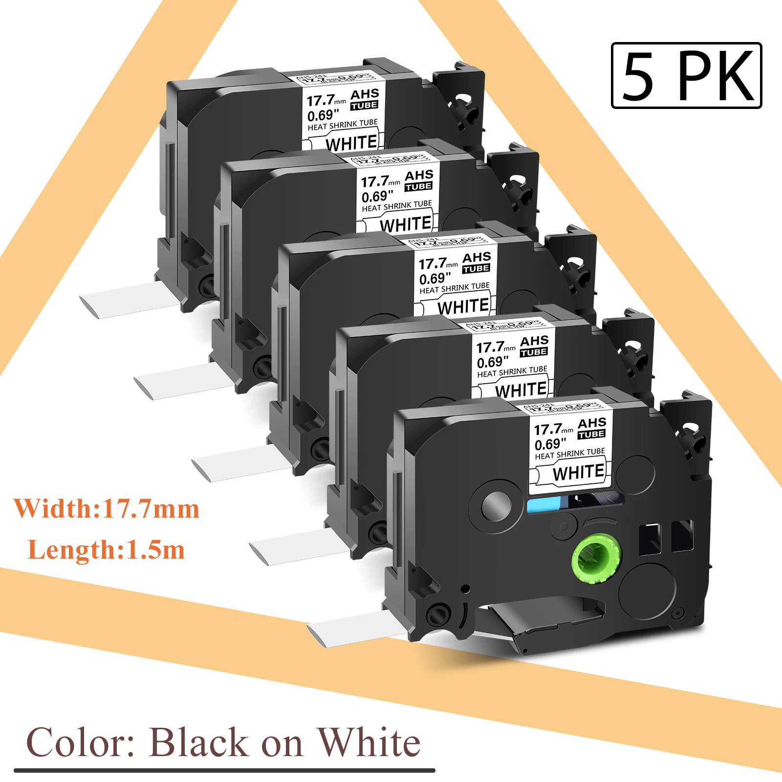 5PK Label Tubes 17.7mm Compatible Brother Hse-241 Heat Shrink Tubes Black on White Cartridge Cassette For P-Touch Label Printers