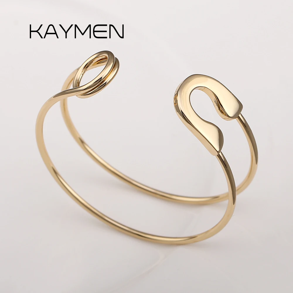 KAYMEN Fashion Exquisite Gold Color Cuff Bracelets Bangle for Women New Pin Shape Luxury Bracelets Jewelry Party Accessory