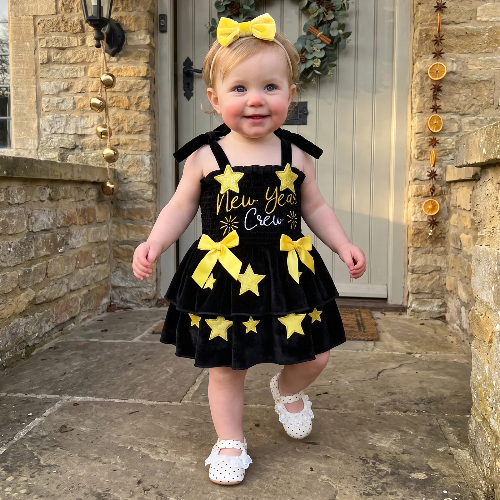 Baby Girl New Year Outfits Sleeveless Bowknot Romper Dress with Headband