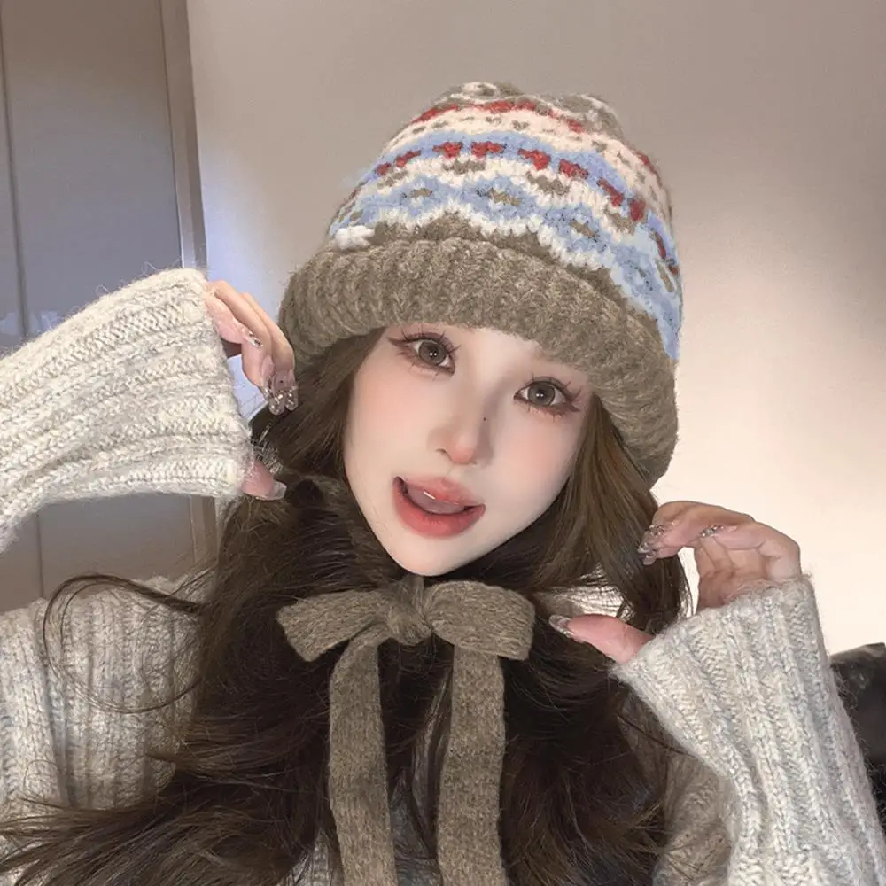 Women Strap Hats Shoulder Bag Ear Protection Ethnic Style Striped Spliced Hat Winter Warm Hat Elastic Knitted Cap Earflaps