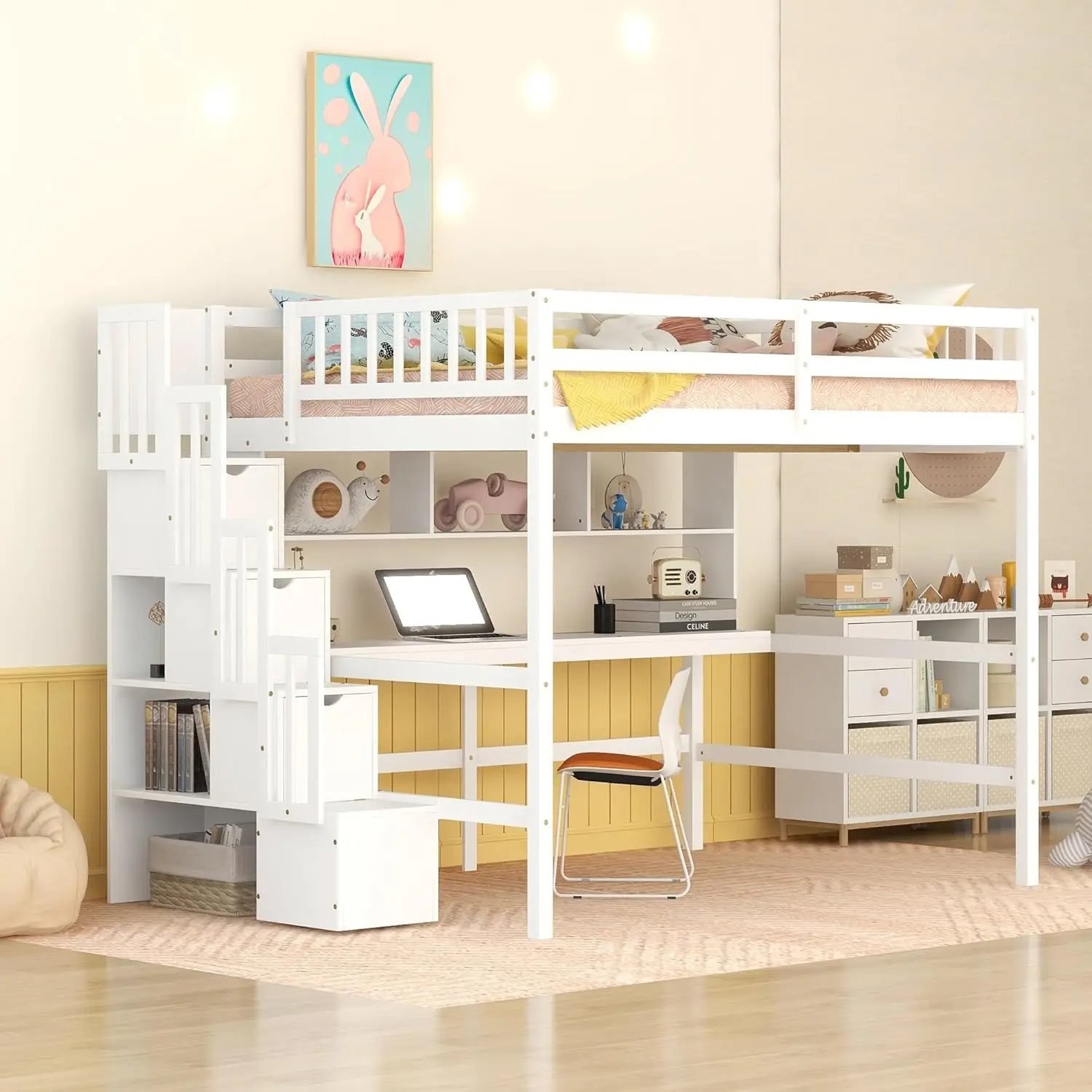 Harper & Bright Designs-cama Loft completa con escritorio y estantes, tamaño completo con escaleras de almacenamiento y riel protector, ahorro de espacio