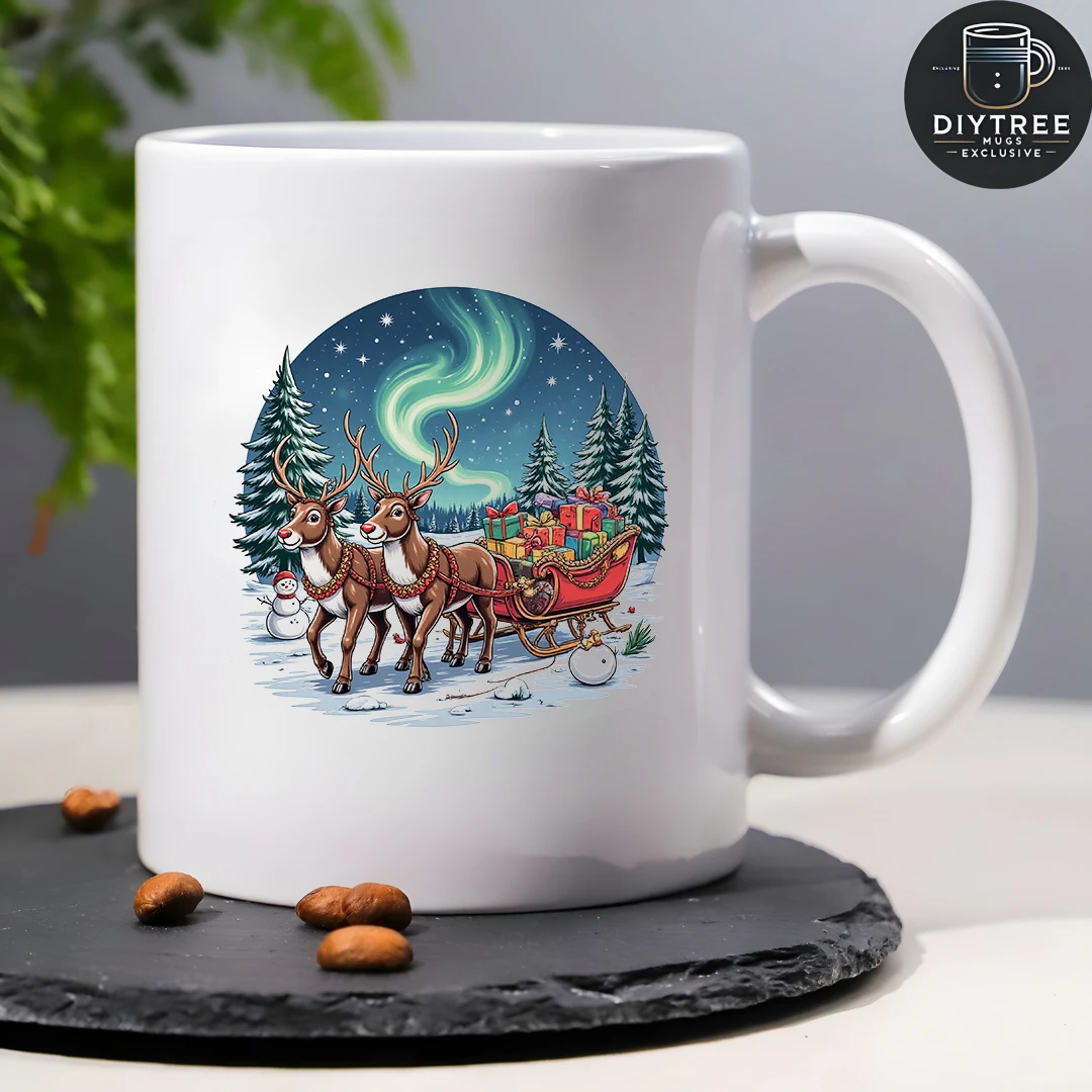 Taza de 11oz, caja de regalo de trineo de Navidad de dibujos animados, ilustración de carro de reno, taza de ambiente festivo, oficina familiar Chris