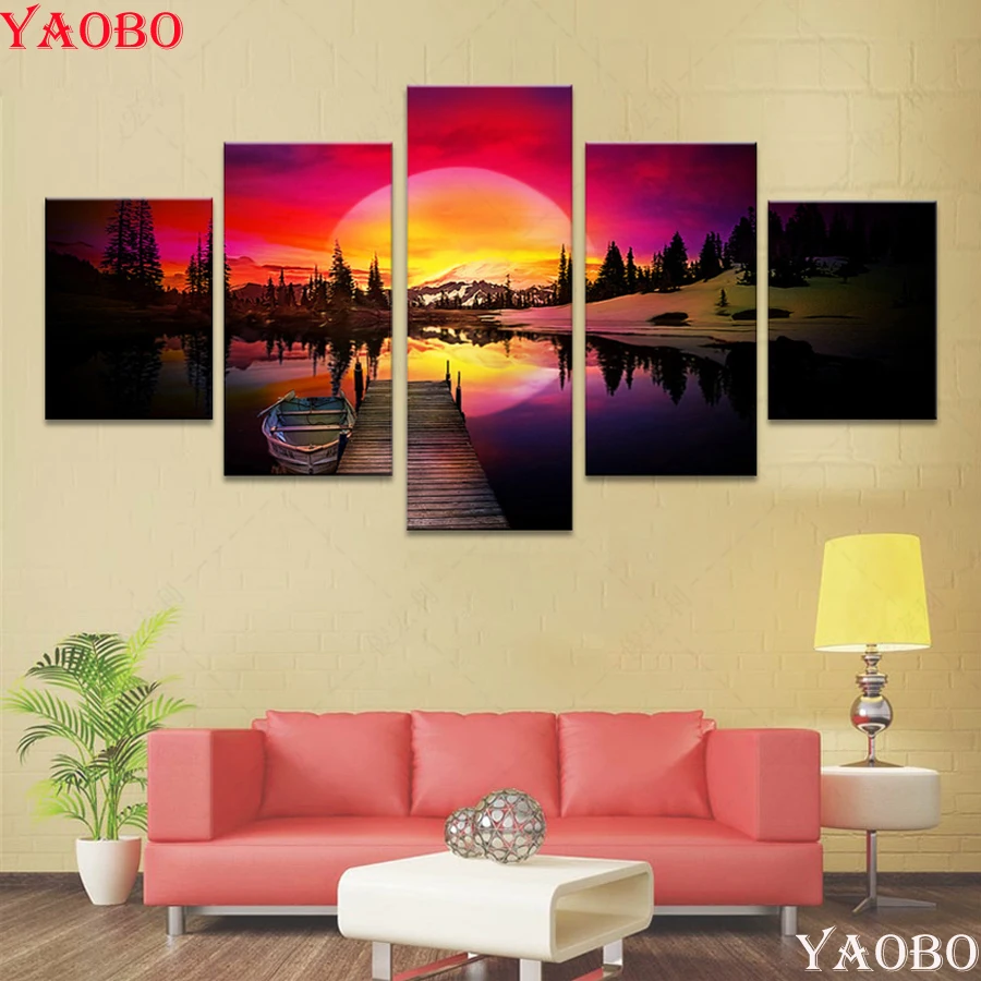 Full circular Diamond painting lakeside boat sunset landscape 5D DIY diamond embroidery sale 3d Picture Rhinestone decor home