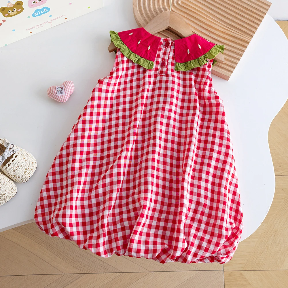 Baby Girls Strawberry Dress Summer Sweet Ruffles Plaid Bubble Dresses Toddler Sleeveless Princess Dress Kids Clothing