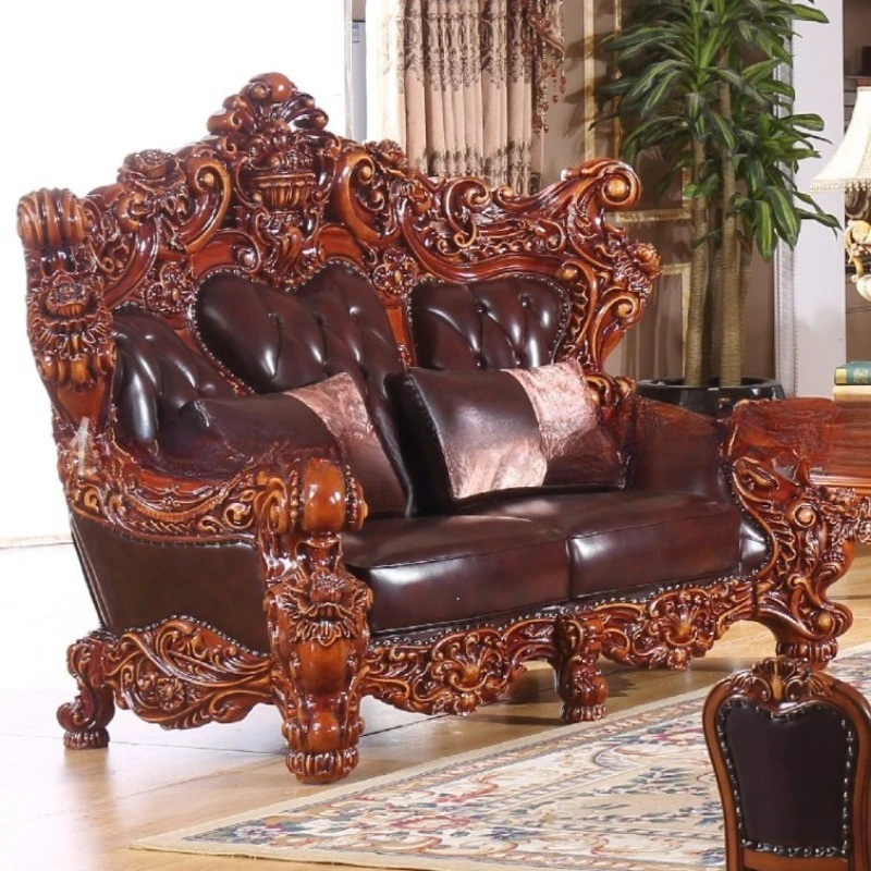 

European Leather Sofa, American Villa Living Room Solid Wood 123 Combination Sofa Domineering Luxury Set