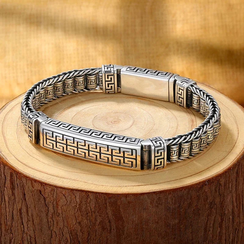 925 Silver Woven Bracelet for Men Classic Vintage Carven Design Geometric Texture National Style Buckle Bangles Retro Jewelry