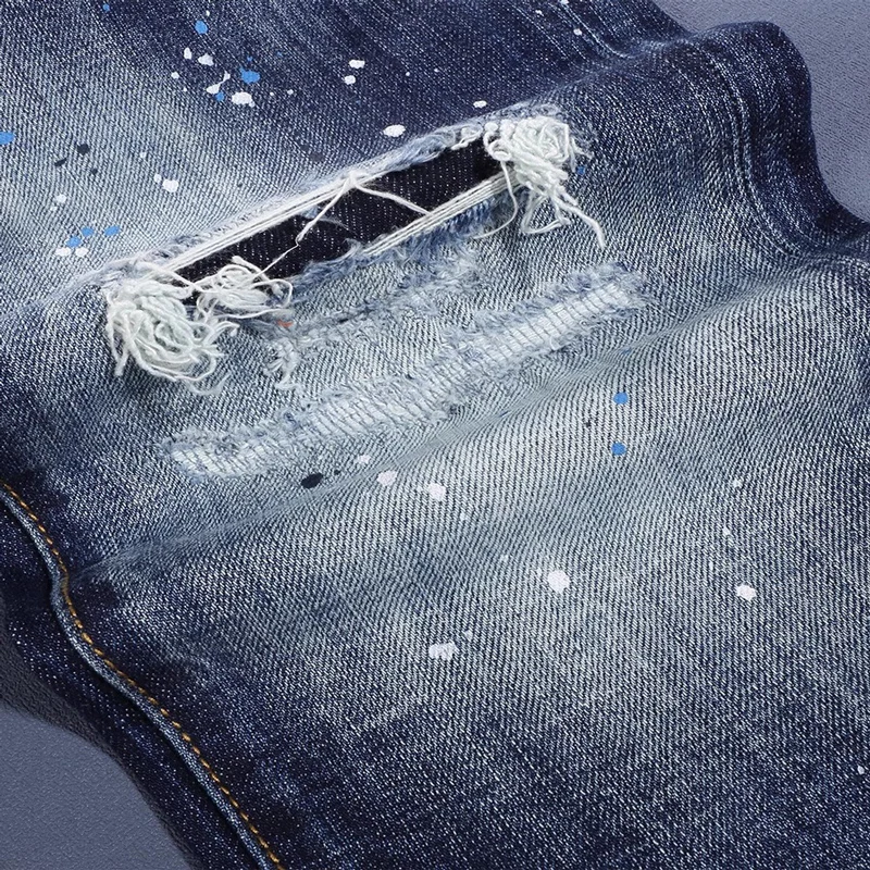 Y2K new men's jeans, scratch painted, washed, nostalgic, stretchy, slim fit, blue jeans, high street designer, hip-hop b